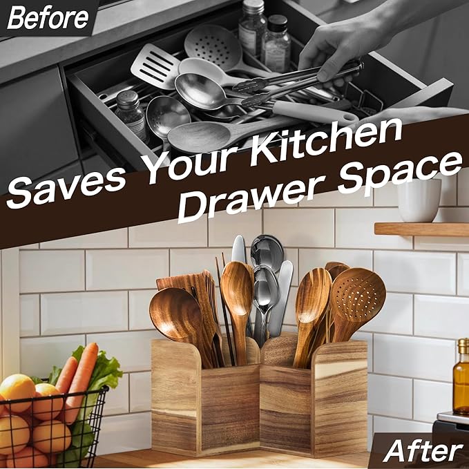 Acacia Wood Kitchen Utensil Holders for Countertop, Wooden Corner Utensils Holder with 3 Compartment, Farmhouse Utensil Caddy for Storage Cooking and Silverware, Opened Up Counter Space