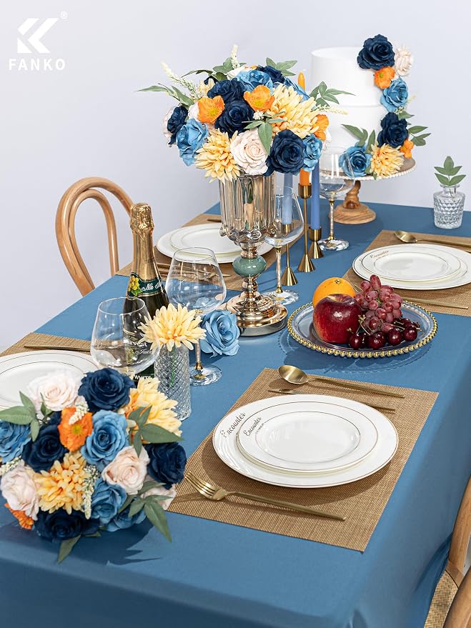 FANKO Artificial Flowers for DIY, Blue Peach Orange Yellow Faux Flowers Bouquet, Colorful Fake Rose Daisy Poppy Silk Flowers for Vase, Home Decor, Garland, Summer Wedding, Birthday, Party