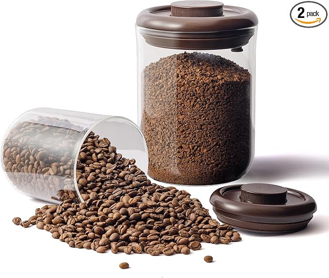 Clear Glass Coffee Canisters 2-Pack 22OZ (11OZ Each) with One-Way Valves - Airtight Jars for Pantry Organization - Bulk Storage for Coffee Beans, Cereal, Sugar, Countertop Kitchen Canisters