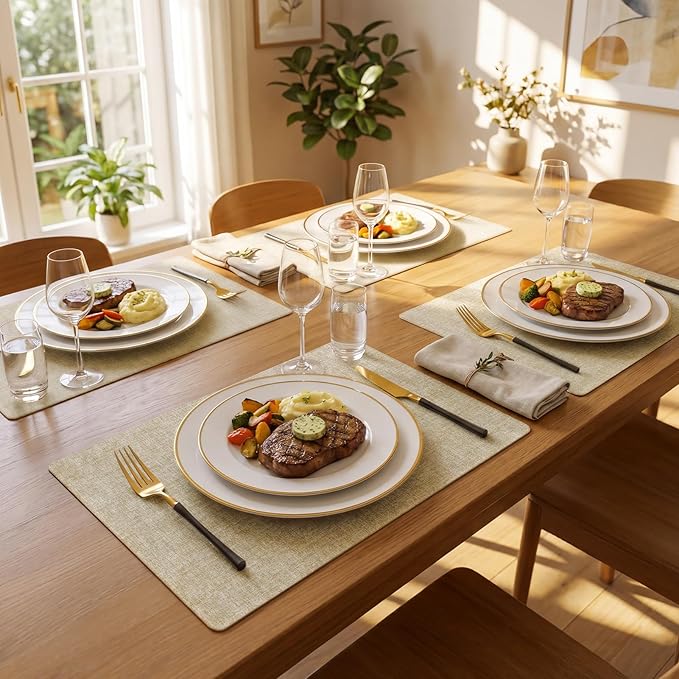 Romanstile Vinyl Placemats Set of 6-12 X 17 Inch - Faux Leather 100% Waterproof Wipeable Anti Slip Place Mats, Heat Resistant Reversible PU Table Mats for Kitchen Dining Party Outdoor, Beige