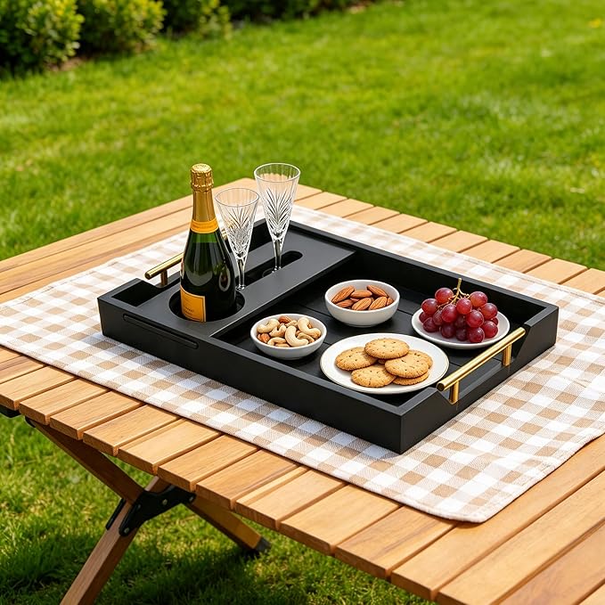 Serving Tray with Wine Glass Holder, Charcuterie Snack Tray with Handles for Wine, Cheese, Fruit and Nuts, Picnic Tray for Parties, Coffee Table and Entertaining