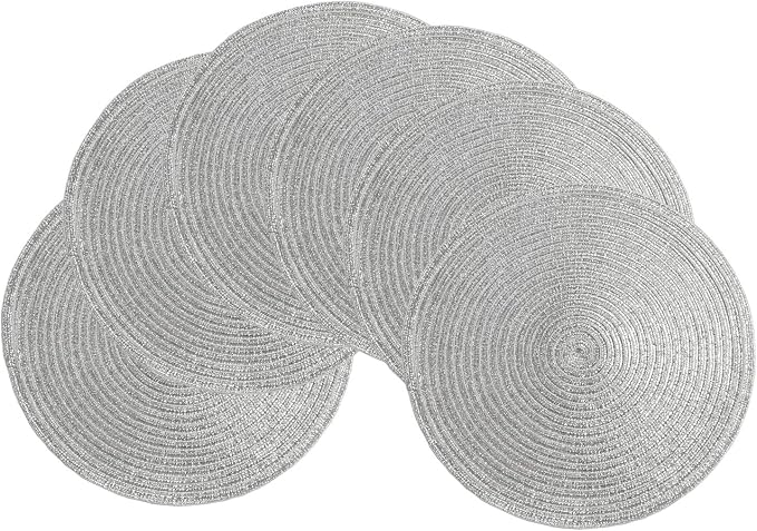 SHACOS Silver Glitter Round Placemats Set of 6 Sparkle Bling Place Mats Glitz Table Mats for Holiday Home Party Wedding Festive Table Decoration (6, Silver)