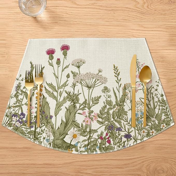 Artoid Mode Wild Flower Round Table Summer Wedge Placemats Set of 4, Seasonal Kitchen Dining Table Decoration for Indoor Party Home