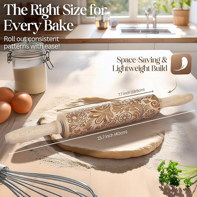 Flexzion Embossed Rolling Pins with Patterns for Baking, 7.7-inch Engraved Wooden Rolling Pin with Snowflake Flower Pattern Rolling Pin for Baking Pastry Pizza Dough Fondant Cookie Pie Crust Pasta