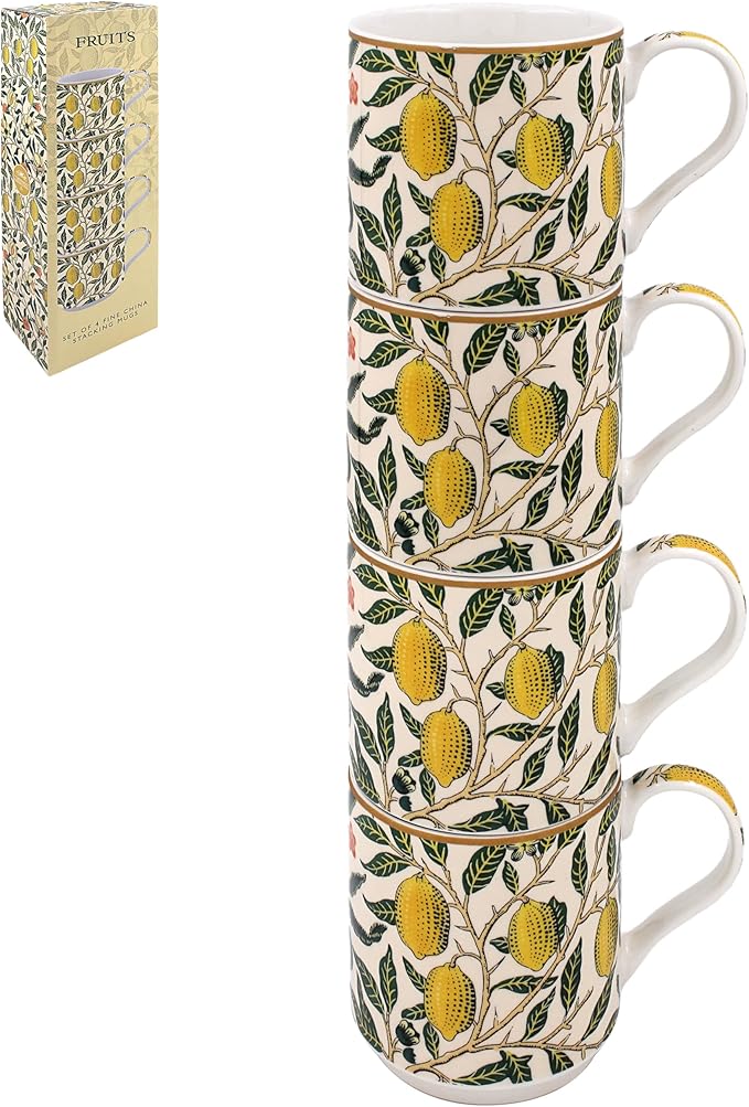 The Leonardo Collection Fruits Stacking Mugs Set of 4 William Morris, Tea and Coffee Mugs for Hot Drinks | Fine China Printed Mugs for Kitchen & Home | Reusable Ceramic Cups for Every Occasion