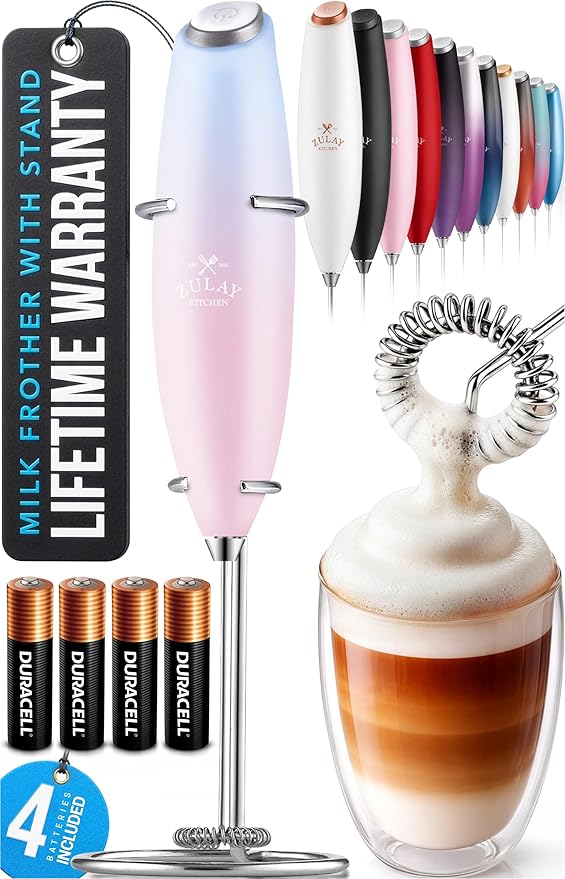 Zulay Kitchen Powerful Milk Frother Wand With Duracell Batteries - Ultra Fast Handheld Drink Mixer - Electric Whisk Foam Maker for Coffee, Lattes, Cappuccino & Matcha - Z1 Motor - Lavender