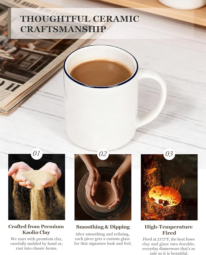 OTAGO Coffee Mugs for 6, 12 oz Mug Set, Dringking Cup with Handle for Coffee, Tea, Cocoa,Blue Rim