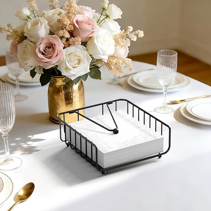 2 Pack Napkin Holder for Table with Weighted Arm, Dinner Metal Flat Napkin Holders for Paper Napkins, Outdoor Napkin Dispenser Restaurant (Black)