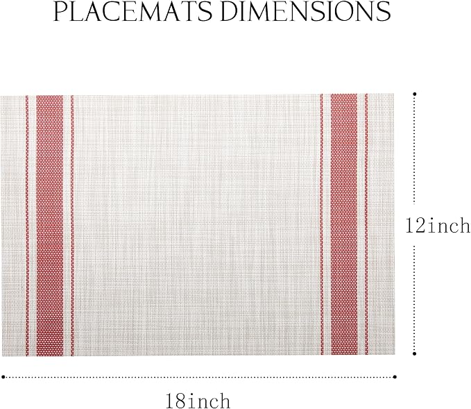 Placemats Set of 6-Heat Resistant Non-Slip Washable Table Mats for Dining Table,PVC Vinyl Woven, 12 x 18 inch Striped Design