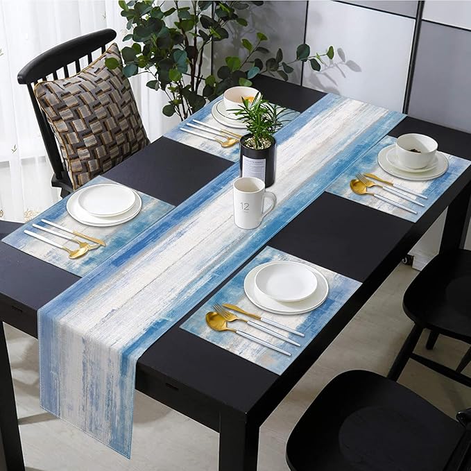 Emvency Navy Blue White Abstract Table Runner and Placemats Set of 6,Vintage Retro Painting Watercolor Modern Art Dining Decor for Daily Use(1 Table Runner 72 inches Long and 6 Placemats)