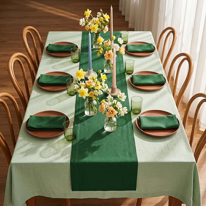 Solino Home Linen Pine Green Table Runner 120 Inches Long - 100% Pure Linen 14 x 120 Inch Table Runner - Fete