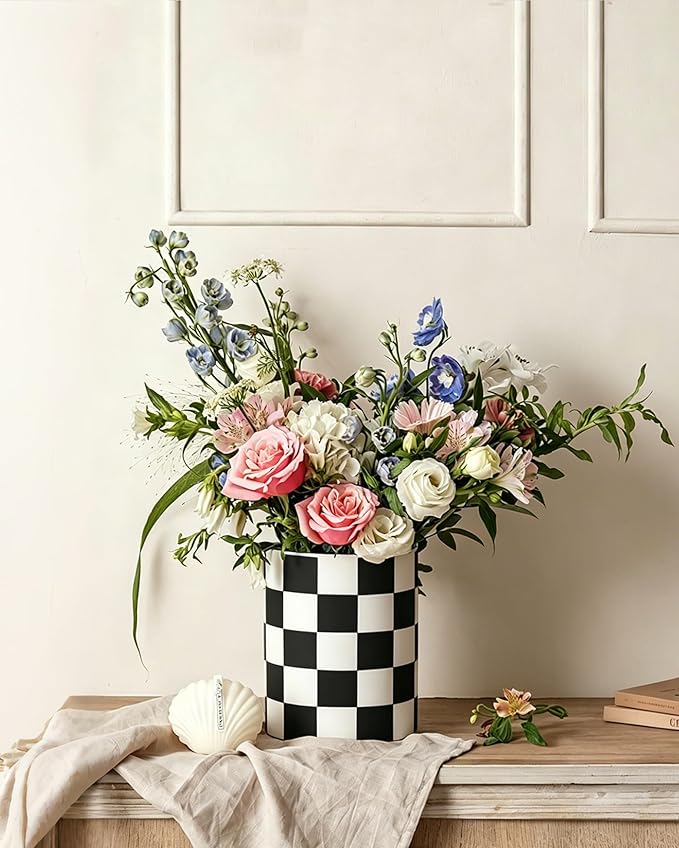 Checkered Kitchen Utensil Holder - 7.2" Ceramic Utensil Crock for Countertop, Kitchen Decor and Accessories for counte (Black)