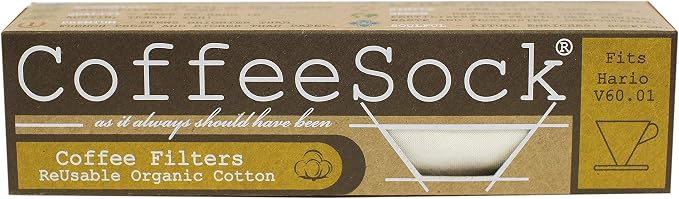 CoffeeSock Reusable Hario V60 Coffee Filters Size 01 – 2 Pack GOTS Certified Organic Cotton Cloth Pour Over Filter for V60-01 Dripper, Better Flavor Than Paper, Eco-Friendly Zero Waste