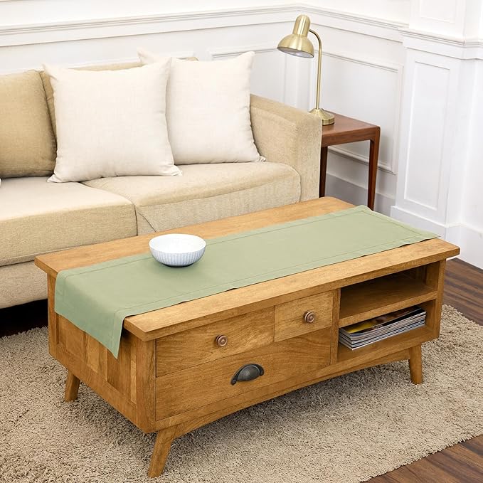 Solino Home Sage Hemstitch Table Runner 60 Inches - Cotton Linen Small Table Runner 14 x 60 Inch Ideal for Dresser and Coffee Tables, Spring, Summer