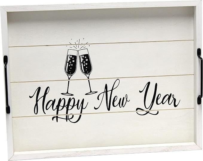 Elegant Designs HG2000-GNY Champagne Toast Decorative Wood Serving Tray w/Handles, 15.50" x 12", Light Gray Happy New Year