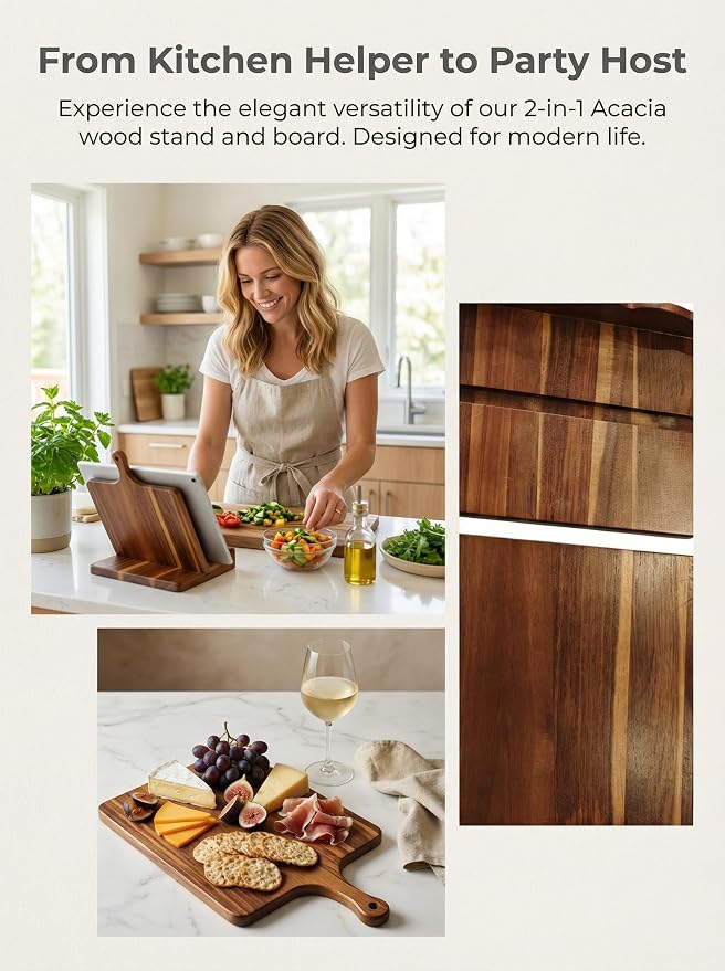 Acacia Wood Cookbook Stand for Kitchen Counter 15.7"x11.8" with Handle, 2-Piece Scalloped Recipe Book Holder with Removable Charcuterie Board, Rustic Kitchen Decor, Gift-Ready Recipe Card Display