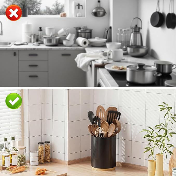 ZUJJAFY Black Utensil Holder, 360° Rotating Kitchen Utensil Holder for Counter, 7.2" Large Cooking Utensil Crock for Countertop, Bamboo Utensils Organizer for Cooking Spatula Storage