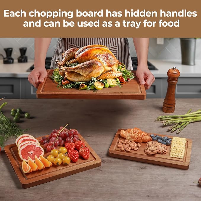 Wood Cutting Board, Wooden Cutting Boards for Kitchen with Deep Juice Grooves & Built-in Handles, Ideal Charcuterie & Chopping for Meat, Chopping Boards Set of 3