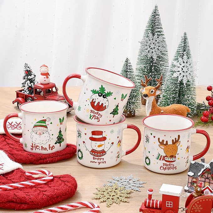 YHRJWN Christmas Mugs Set of 4, Festive Design Coffee Mugs with Santa Snowman Reindeer, Holiday Mugs for Hot Cocoa, Gifts for Family Friends, Holiday Decor, 13 Oz