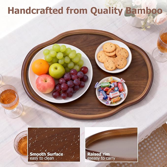 Bamboo Wood Serving Tray, 14.57 Inch Irregular Decorative Serving Trays Platters for Home,Party,Coffee Table,Dining Table & Countertop