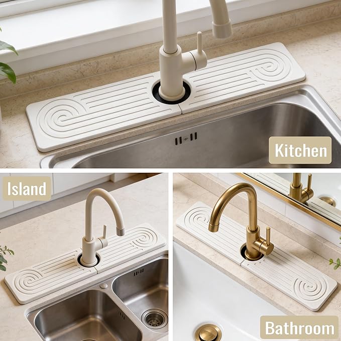 Hopegiver Stone Faucet Mat for Kitchen Sink - Fast Drying Diatomite Sink Protector Prevent Moisture, Super Water Absorbing Stone Tray for Kitchen & Bathroom Counter (White, 19.7"x3.9")