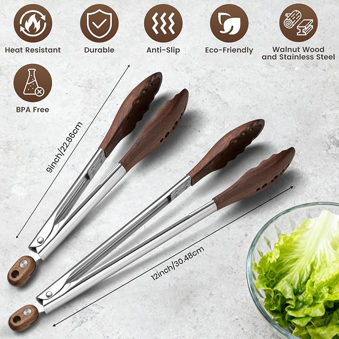 Kitchen Wooden Tongs for Cooking - 9 Inch & 12 Inch Nonstick Natural Walnut Wood Tongs, Stainless Steel Salad Tong with Walnut Wood Tips for Serving Food, Cooking, Salad, BBQ