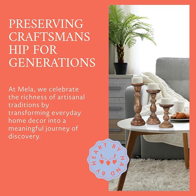 Mela Artisans 6”, 9” & 12” Mango Wood Pillar Candle Holder Set of 3 – Tuli Design Medium Polish – Wooden Candle Holders for Table, Mantel & Living Room Décor