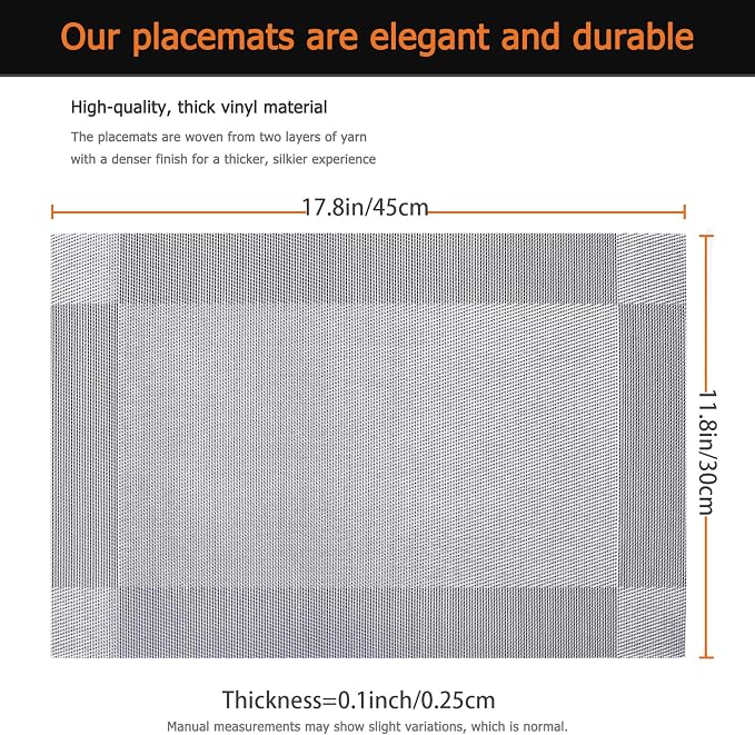 Placemats Set of 12 Washable&Wipeable Silver Place mats for Dining Table Kitchen Indoor Outdoor Table Mats Heat Resistant Non Slip Woven Vinyl Table Placemats (Grey，12PCS)