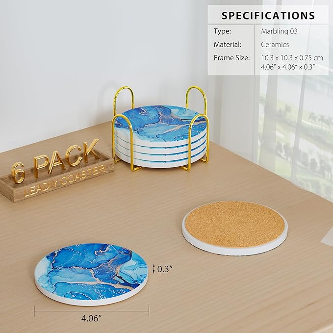 6Pcs/Set Marble Abstract Ceramic Coasters with Holder, Absorbent Drink Coasters, Coffee Cup Coaster,Round Ceramic Table Coasters Set Decorative