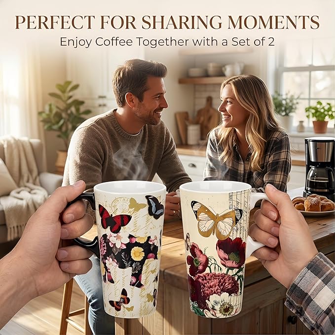 Topadorn Set of 2 17oz Ceramic Travel Mugs with Lids, Vintage Butterfly & Floral Coffee Cup Set, Spill Resistant Microwave & Dishwasher Safe Mug Set