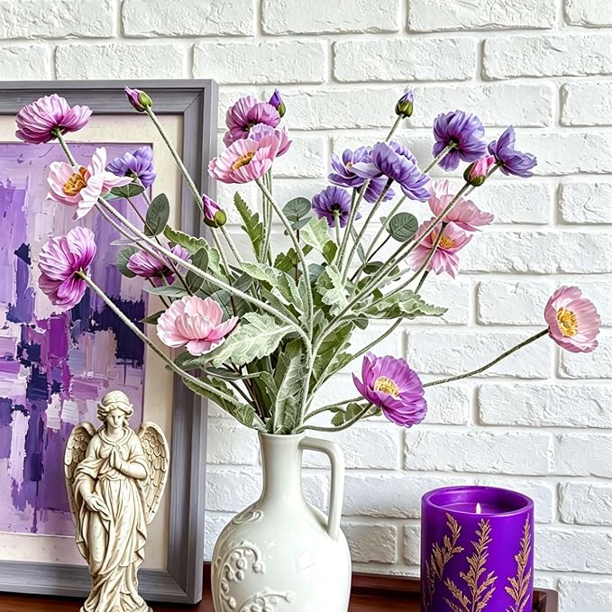 Artificial Poppy Flowers with Eucalyptus Stems, 6pcs Faux Poppy + 2pcs Fake Eucalyptus Branches, Flocked Flexible Wire Stems, Silk Petals, Realistic Faux Greenery for Home Table Decor