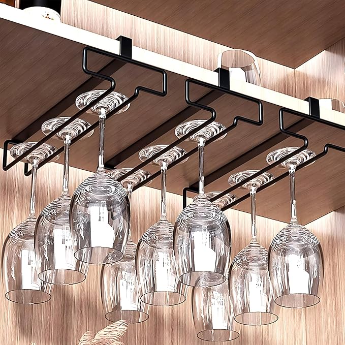 4 Pcs 10 Inch Wine Glass Rack Under Shelf, Stemware Holder for Bar, Kitchen, Pub (Black)