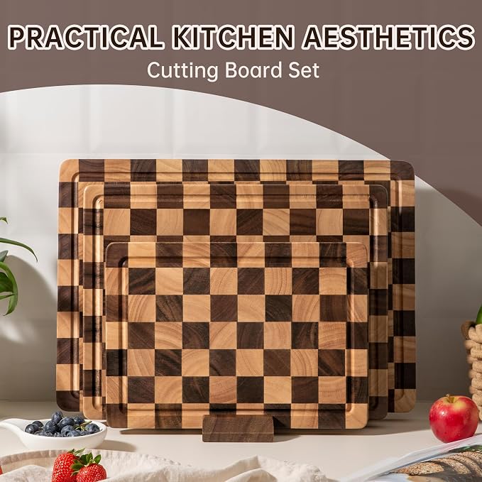 Wooden Cutting Board Set, Checkered Cutting Boards for Kitchen 3PCS, Walnut Chopping Board with Juice Grooves & Handles, Upgraded Decorative Serving Tray for Meat Vegetable Fruit, with Gift Box