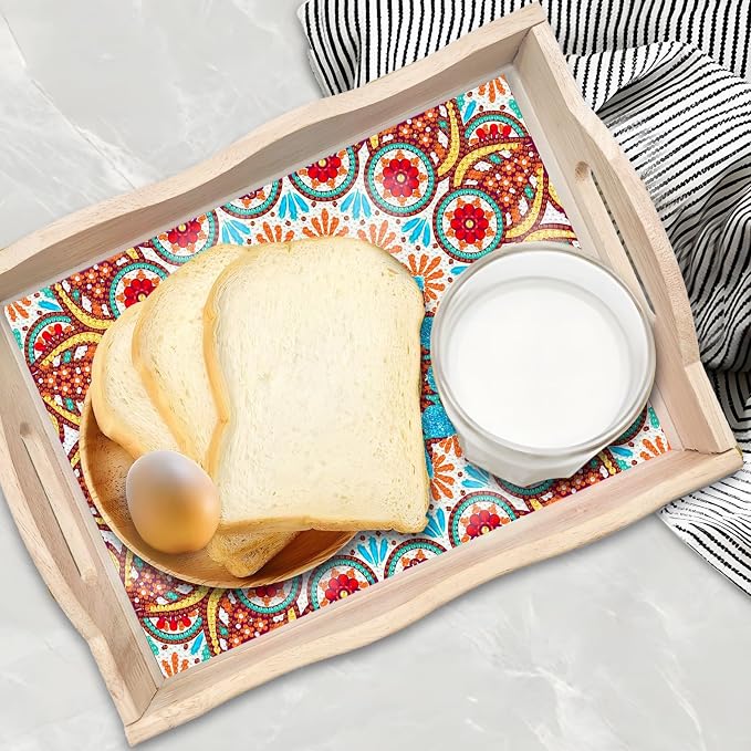 Generic DIY Diamond Serving Tray Rectangular Upgrade Increase Breakfast Tray with Handles Handmade Diamond Art Painting Wooden Tray Dinner Plate for Coffee Living Room Home Organizer-Mandala02