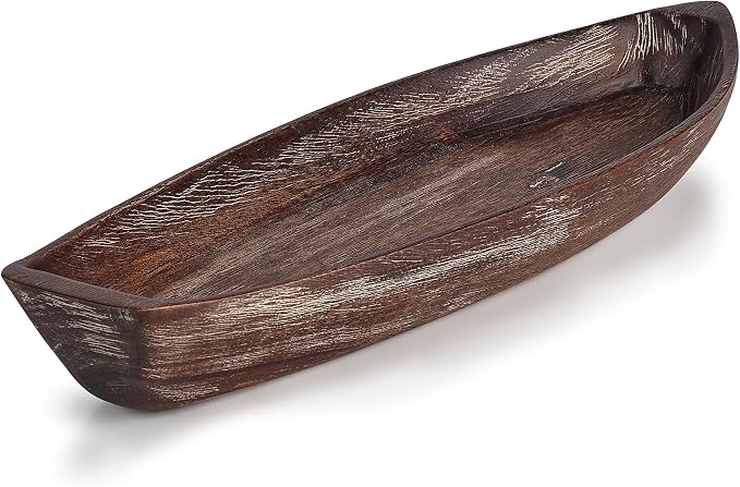 Rustic Small Wooden Serving Tray, Boat Shape Decorative Tray Vintage Centerpiece, Farmhouse Rustic Trays, Key Tray, Decorative Platter for Countertop Home Decorations- Distressed Brown。(Size S)