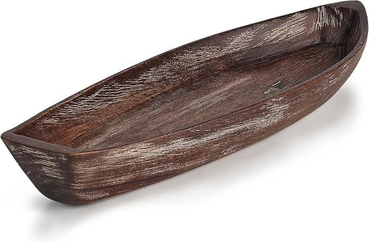 Rustic Small Wooden Serving Tray, Boat Shape Decorative Tray Vintage Centerpiece, Farmhouse Rustic Trays, Key Tray, Decorative Platter for Countertop Home Decorations- Distressed Brown。(Size S)