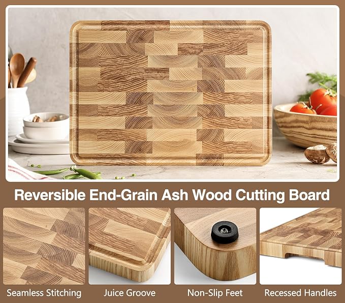 XINZUO Ash Wood Cutting Board, End Grain Butcher Block for Kitchen, 13.8" x 9.8" x 1", Thick Wooden Chopping Board with Juice Groove, Non-Slip Feet & Side Handles