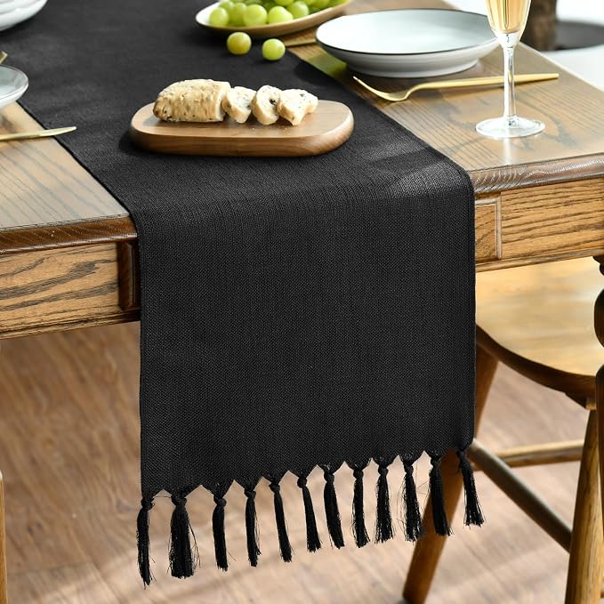 Artoid Mode Black Tassel Table Runner, Halloween Linen Blend Rustic Farmhouse Style Kitchen Table Decoration Holiday Wedding Party Dinning Decor 13x72 Inch