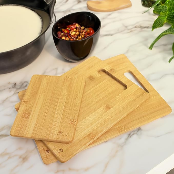RoyalHouse Bamboo 3-Piece Cutting Board Set; 3 Assorted Sizes 13x9, 10.6x8.5, 8x6 of Bamboo Wood Cutting Boards for Kitchen