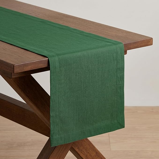Solino Home Linen Pine Green Table Runner 90 Inches Long - 100% Pure Linen 14 x 90 Inch Table Runner - Fete