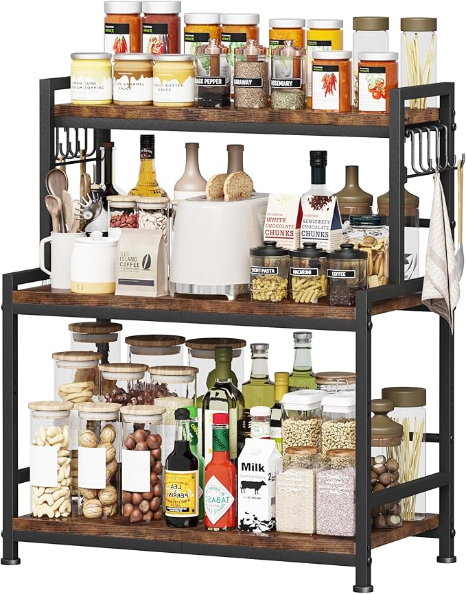 23.6"W Large Kitchen Countertop Organizer,3 Tier Spice Rack Organizer with Adjustable Shelf and 10 Hooks,Wooden Counter Organizer,Space Saving Countertop Shelf Microwave Stand for Kitchen,Coffee Bar