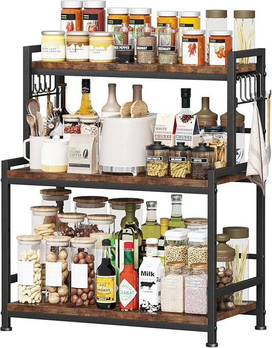 23.6"W Large Kitchen Countertop Organizer,3 Tier Spice Rack Organizer with Adjustable Shelf and 10 Hooks,Wooden Counter Organizer,Space Saving Countertop Shelf Microwave Stand for Kitchen,Coffee Bar