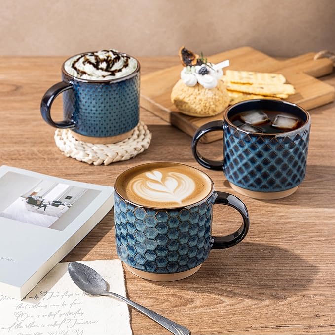 GBhome 12 OZ Stackable Coffee Mugs, Ceramic Coffee Mugs with Texture Patterns for Man,Woman,Dad,Mom, Modern Coffee Mugs Set of 4 for Latte/Cappuccino/Cocoa. Dishwasher&Microwave Safe