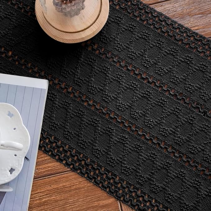 Macrame Table Runner Pure Black Boho Table Runners with Tassels Hand Woven Cotton Table Runner Rustic Farmhouse Table Runners for Bohemian Kitchen Dining Table(12x71in)