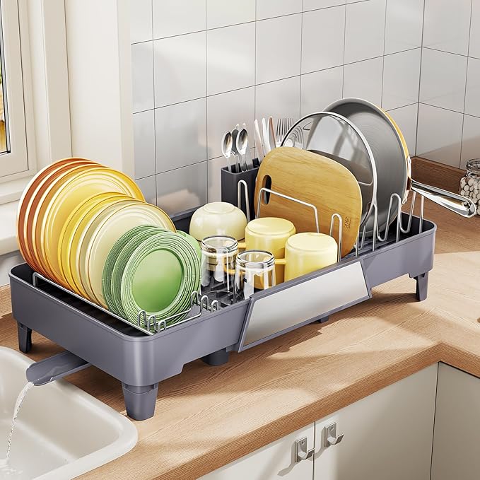 Urackify Extendable Dish Drying Rack, Stainless Steel Dish Drainer for Kitchen Counter, Expandable 15.3" to 22.6" Dish Rack with Large Drainboard and Utensil Holder, Countertop Kitchen Storage, Gray