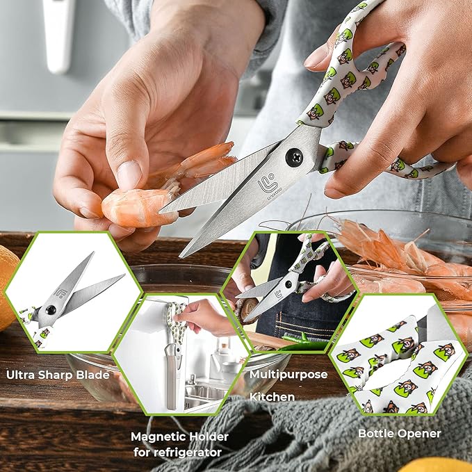 Linoroso Kitchen Scissors Heavy Duty Kitchen Shears with Magnetic Holder Made with Japanese Steel 4034, Multipurpose Ultra Sharp Cooking Scissors for Meat/Vegetables/BBQ/Herbs/Pizza (Graphic,Tiger)