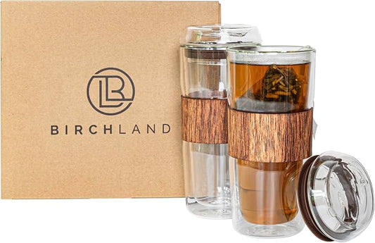 Birchland All Glass Double Wall 14 oz Coffee Cups, Set of 2, Pure Glass Lid, Silicone Grip