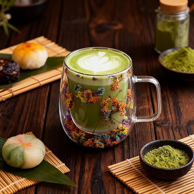 Double Wall Glass Coffee Mugs, Cute Clear Flower Cups with Handle, Unique Double Insulated Glass Cup for Cappuccino Tea Espresso Latte Hot Beverages, Birthday Gifts for Mother Women (12oz)