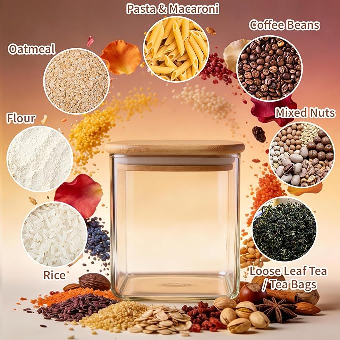 77L Glass Storage Containers with Lids [Multi-Size Set of 5], Airtight Glass Canisters for Kitchen & Pantry Organization, Clear Food Jars for Pasta, Cereal, Flour, Sugar, Coffee, Nuts & Snacks