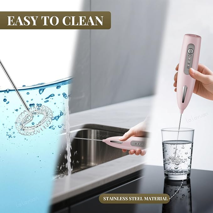 Electric Milk Frother, Three speed adjustment, USB Rechargeable Cordless Hand Blender with Sticky Stand Included, Portable Kitchen Stainless Steel Egg Beater, Mixed Drinks, Coffee Stirrers (Pink)